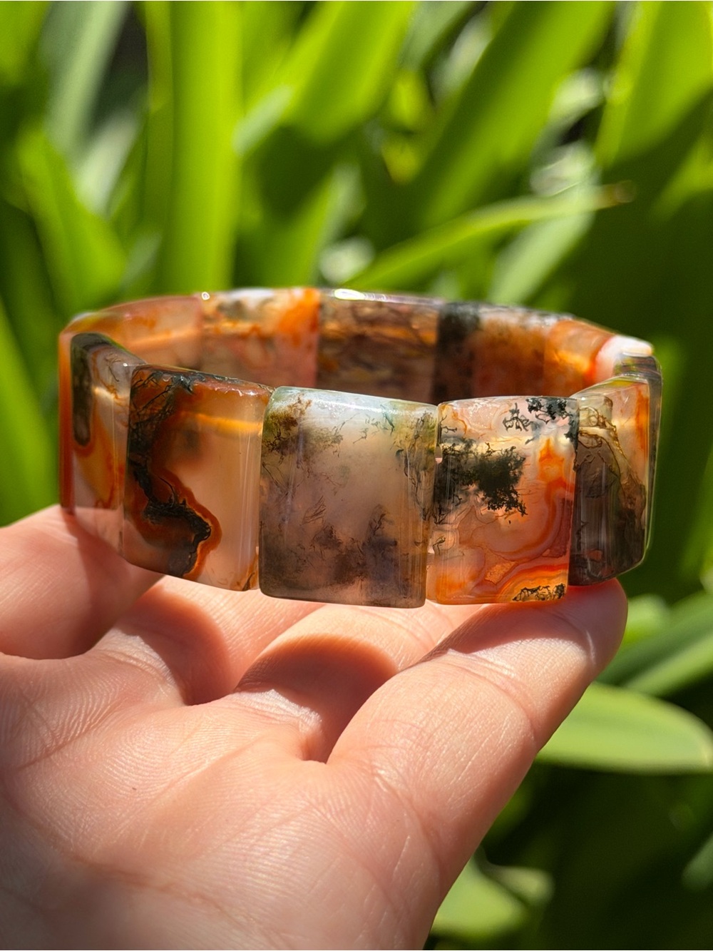 Stretchable unique‎ natural red moss agate soft bangle 1622